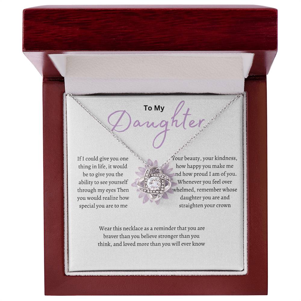 Purple Floral Daughter Love Knot Necklace