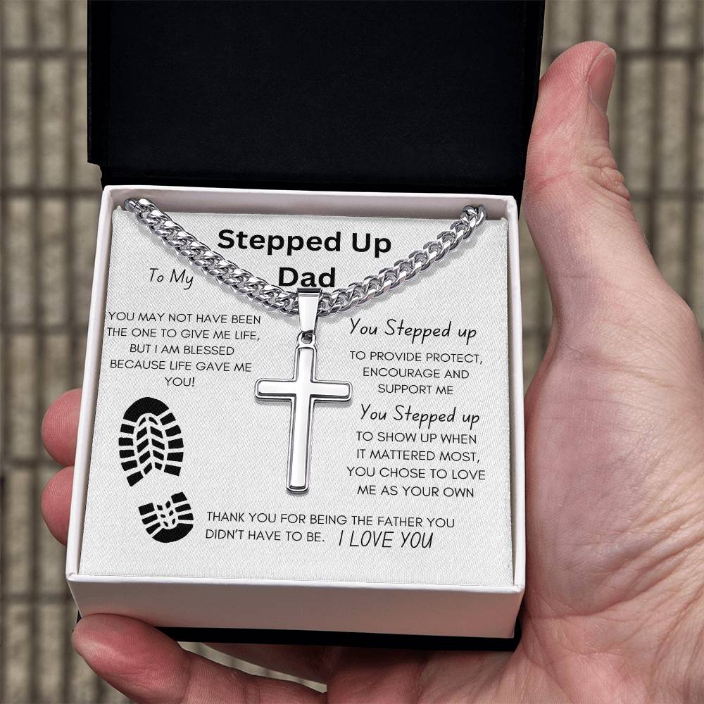 Stepped Up Dad Artisan Cross Necklace on Cuban Chain w/ MC